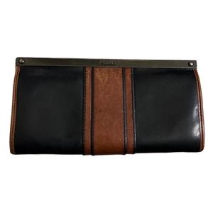 Fossil Vintage Black Brown Genuine Leather Clutch Purse Wallet Designer